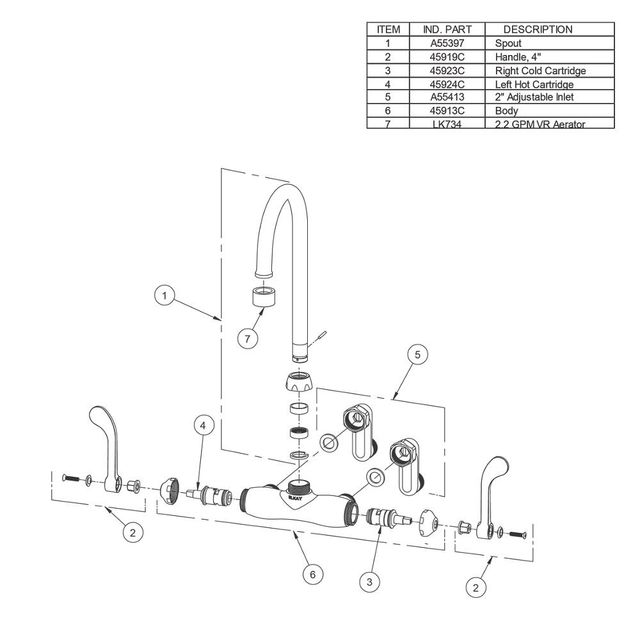 Elkay Chrome Foodservice 3-8" Adjustable Centers Wall Mount Faucet with 4" Gooseneck Spout and 4" Wristblade Handle-2