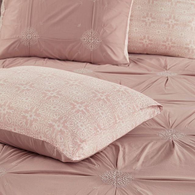 Olliix by Madison Park Malia 6 Piece Embroidered Cotton Reversible Blush Full/Queen Comforter Set-4