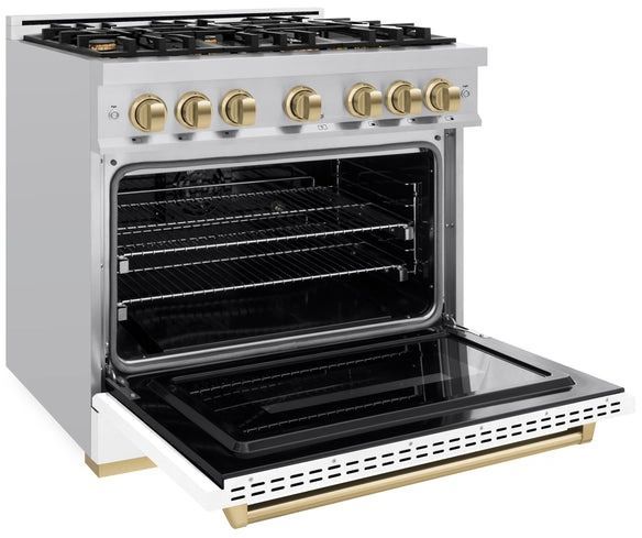 ZLINE Classic Series Autograph Edition 36" Stainless Steel Pro Style Dual Fuel Range with White Matte Door and Champagne Bronze Accents-3