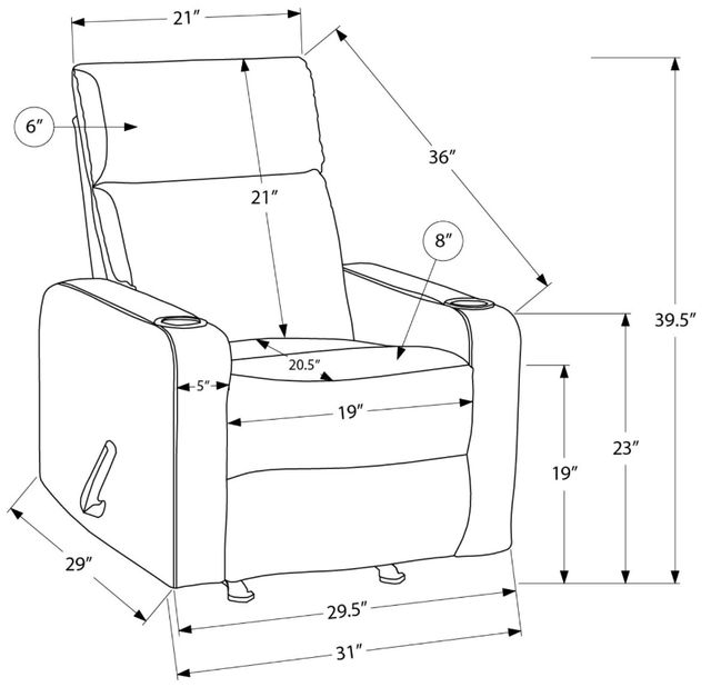 Monarch Specialties Inc. Grey 31" Faux Leather Manual Reclining Rocker Chair with Cupholders-2