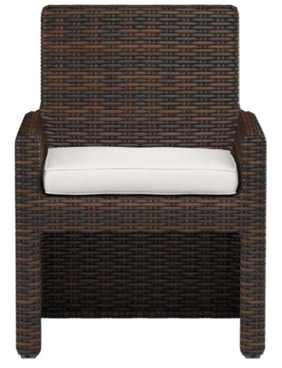 Sunset West Montecito Cognac Resin Wicker Outdoor Dining Arm Chair with Canvas Flax Cushion-1