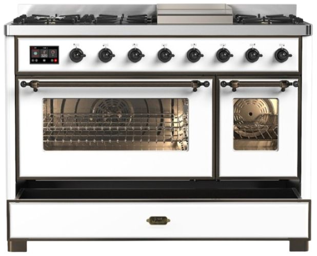 Ilve® Majestic III 48" White Pro Style Dual Fuel Liquid Propane Range with Griddle and Burnished Trim-2