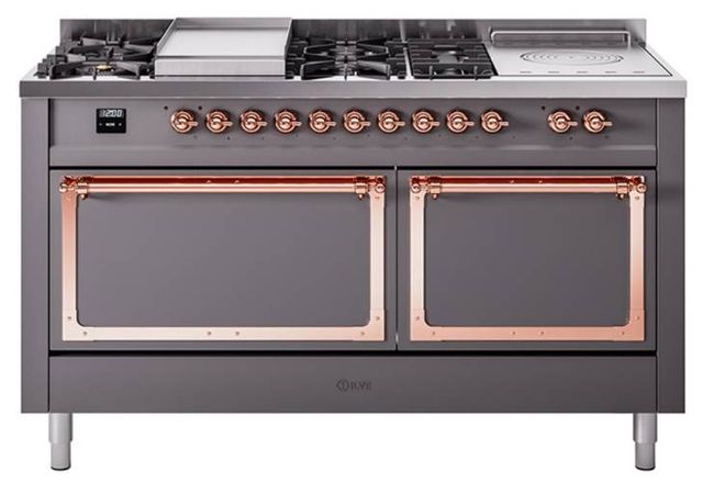 Ilve® Nostalgie II Noblesse 60'' Graphite Matte Pro Style Dual Fuel Range with Copper Trim-0