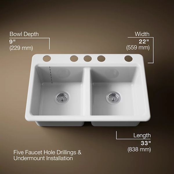 KOHLER® Riverby® White 33" Undermount Double-Equal Bowl Workstation Kitchen Sink with Accessories-2