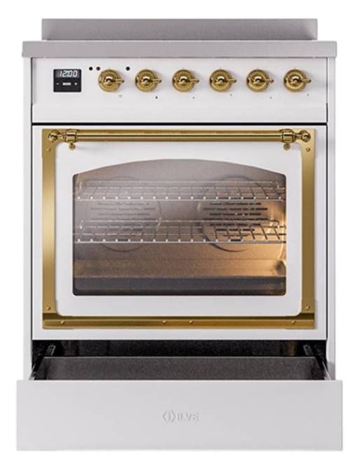Ilve® Nostalgie II Noblesse 30'' White Pro Style Induction Range with Brass Trim-3