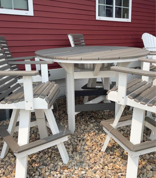 Creekside 60" Round Bar Height Table with 6 Roll Back Swivel Bar Chairs, woodgrain-2