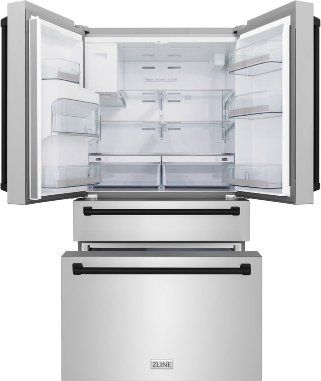 ZLINE Autograph Edition 36" 21.6 Cu. Ft. Fingerprint Resistant Stainless Steel Counter Depth French Door Refrigerator with Water/Ice Dispenser and Matte Black Traditional Handles-1