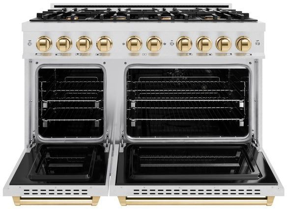 ZLINE Classic Autograph Edition 48" Satin Stainless Steel Pro Style Gas Range with Polished Gold Accents-1
