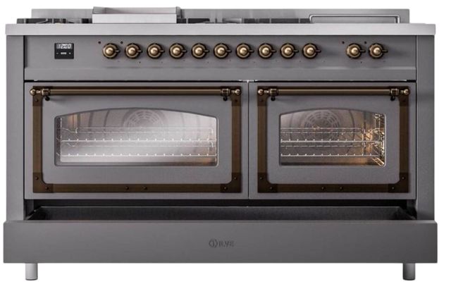 Ilve® Nostalgie II Noblesse 60'' Graphite Matte Pro Style Dual Fuel Range with Burnished Trim-3