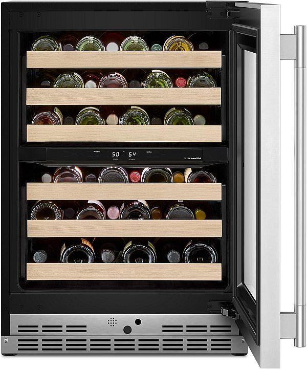 Kitchenaid® 24" PrintShield™ Stainless Steel Undercounter Wine Cooler with Full-Extension Wood-Front Racks-2