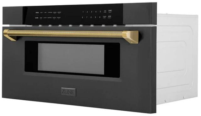 ZLINE Autograph Edition 30" 1.2 Cu. Ft. Black Stainless Steel Built-in Microwave Drawer with Polished Gold Helix Handle-2
