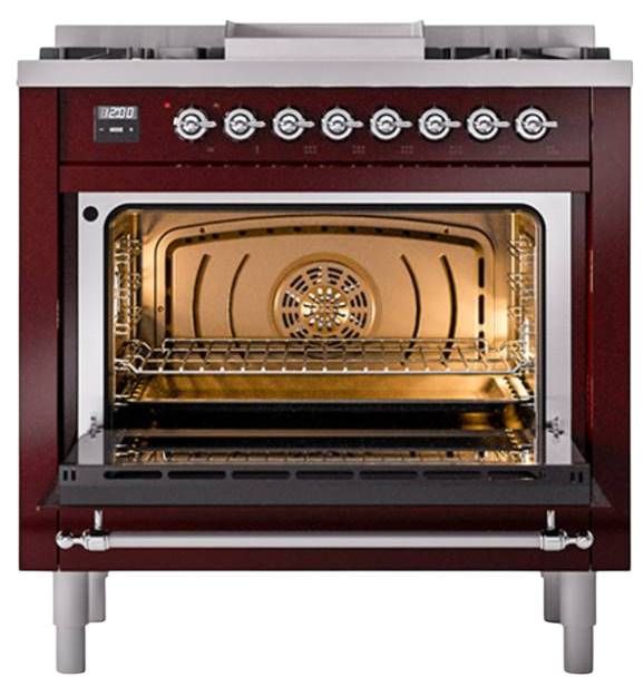 Ilve® Nostalgie II Noblesse 36'' Burgundy Pro Style Dual Fuel Range with Chrome Trim-1