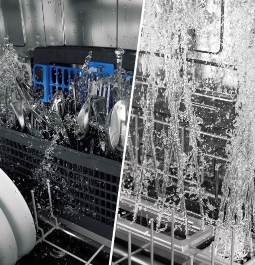 Close up view of a GE Profile dishwasher's bottom wash arm and jets inside the tub.