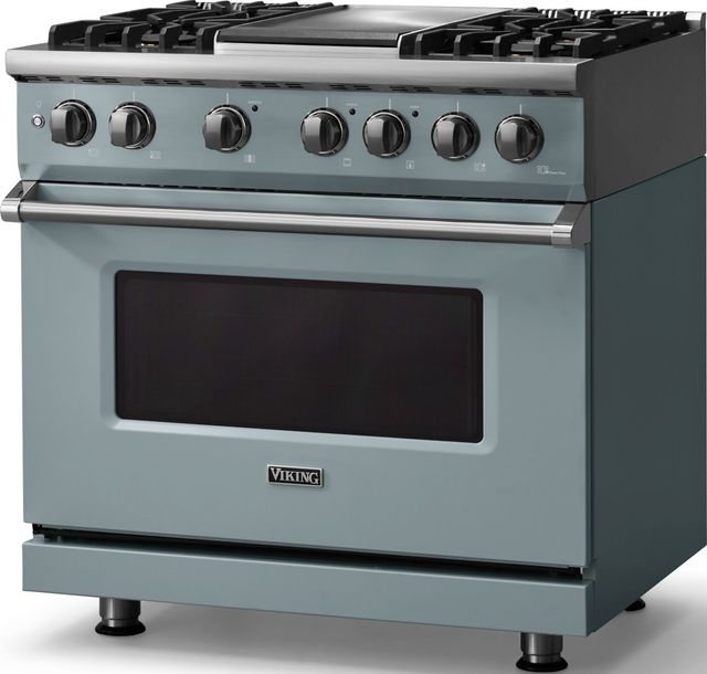 Viking® 5 Series 36" Novembery Sky Pro Style Dual Fuel (LP) Range with Polished Chrome Trim-3