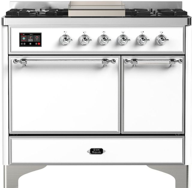 Ilve® Majestic III 40" White Pro Style Dual Fuel Liquid Propane Range with Solid Door and Chrome Trim-0