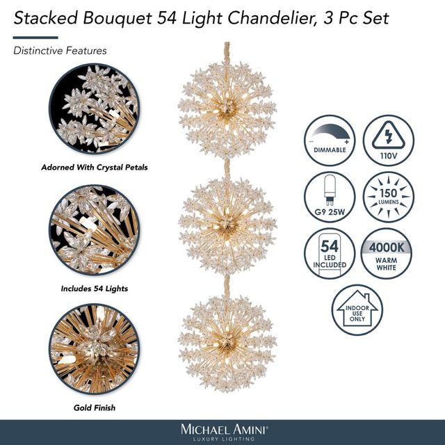 Michael Amini® Stacked Bouquet 3-Piece Gold 54-Light Chandelier-3