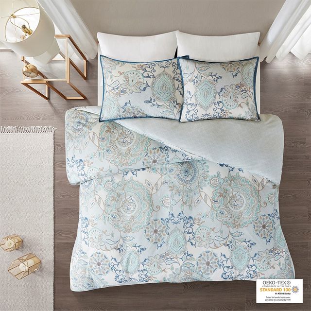 Olliix by Madison Park 3 Piece Blue King/California King Isla Cotton Printed Reversible Duvet Cover Set-4