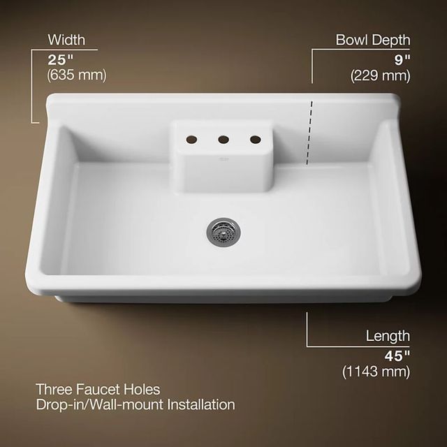 KOHLER® Farmstead® White 45" 3-Faucet Hole Top/Wall-Mount Single-Bowl Workstation Farmhouse Kitchen Sink with Painted White Underside-2