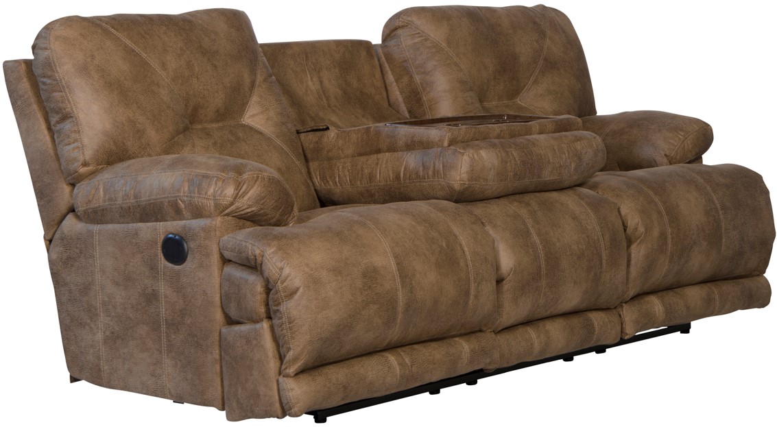 Catnapper Voyager Brandy Lay Flat Power Reclining Sofa with Triple Recliner and Drop Down Table Harris Furniture Spokane WA