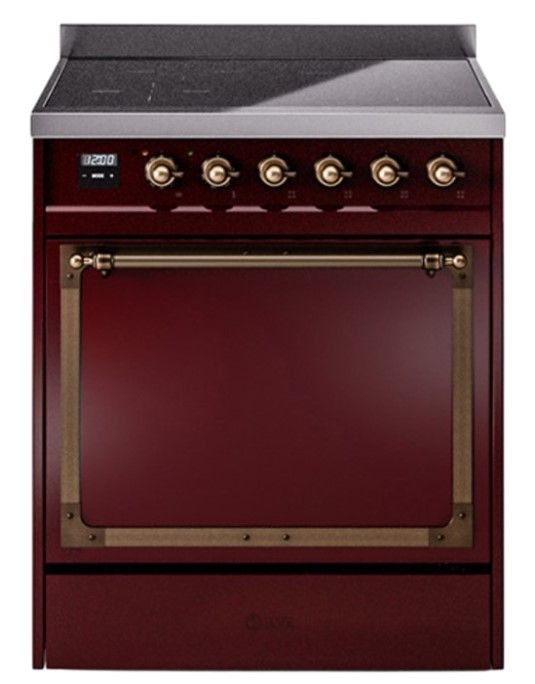 Ilve® Nostalgie II Noblesse 30'' Burgundy Pro Style Induction Range with Burnished Trim-0