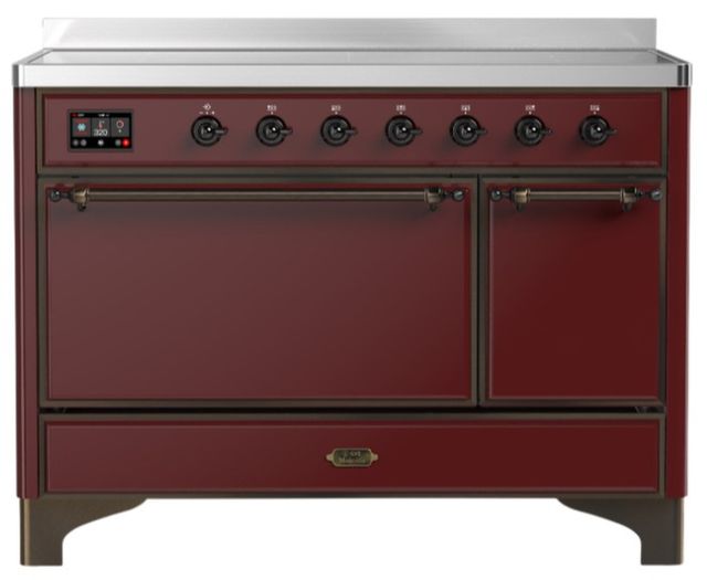 Ilve® Majestic III 48" Burgundy Pro Style Induction Range with Solid Door and Burnished Trim-0