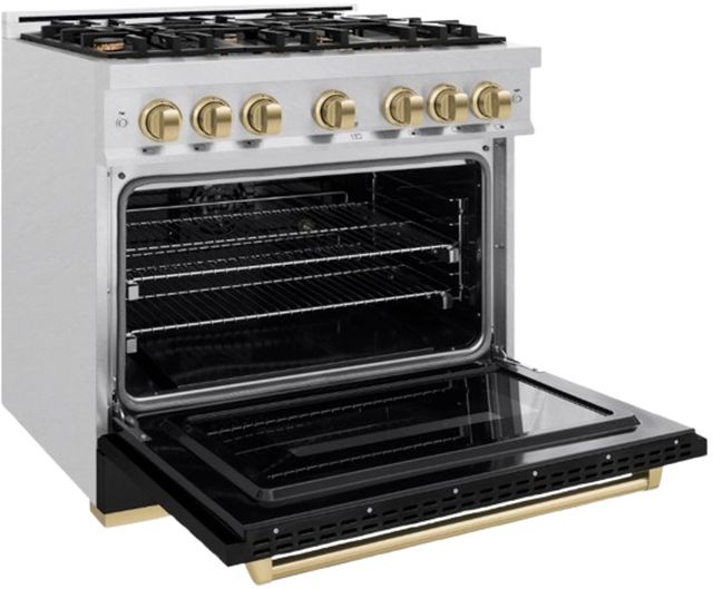 ZLINE Classic Series Autograph Edition 36" Satin Stainless Steel Pro Style Dual Fuel Range with Black Matte Door and Champagne Bronze Accents-2
