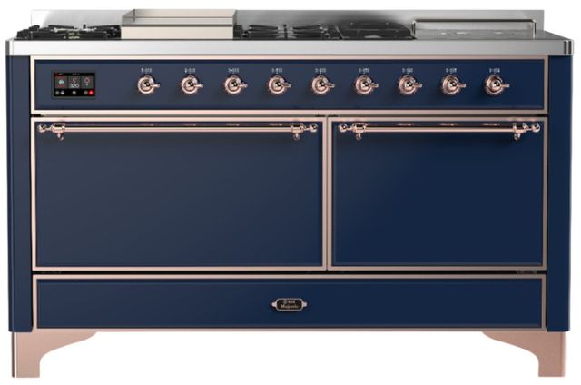 Ilve® Majestic III 60" Midnight Blue Pro Style Dual Fuel Liquid Propane Range with Solid Door and Copper Trim-0