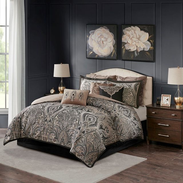 Olliix by Madison Park Signature Grandover Taupe Queen Jacquard Comforter Set-0