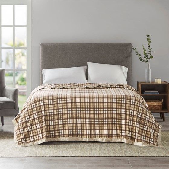 Olliix by True North by Sleep Philosophy Micro Fleece Tan Plaid King Blanket-2