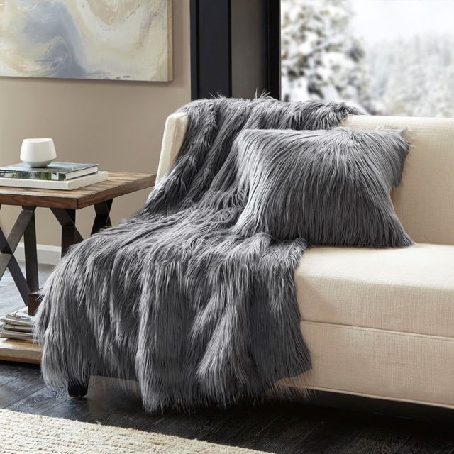 Olliix by Madison Park Edina 1 Grey Faux Fur Throw-1