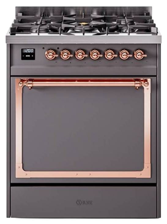 Ilve® Nostalgie II Noblesse 30'' Graphite Matte Pro Style Dual Fuel Range with Copper Trim-0