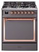 Ilve® Nostalgie II Noblesse 30'' Graphite Matte Pro Style Dual Fuel Range with Copper Trim-0