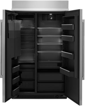 Front view of the opened JennAir® Rise™ 48 in. 29.4 Cu. Ft. Stainless Steel Built In Counter Depth Side-by-Side Refrigerator