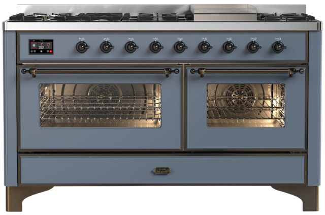 Ilve® Majestic III 60" Blue Gray Pro Style Dual Fuel Natural Gas Range with Triple Glass Door and Burnished Trim-0