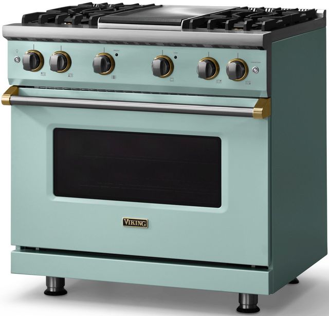 Viking® 5 Series 36" Splash Pro Style Gas (NG) Range with Brushed Brass Trim-2