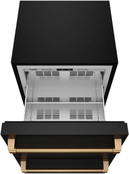Thor Kitchen Gordon Ramsay Collection 24” 5.4 Cu. Ft. Anti-Fingerprint Black Built-In or Freestanding Under the Counter Refrigerator Drawer with Bronze Handle-1