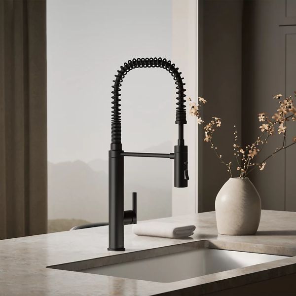 KOHLER® Purist® Matte Black Semi-Professional Kitchen Sink Faucet with 3-Function Sprayhead-1