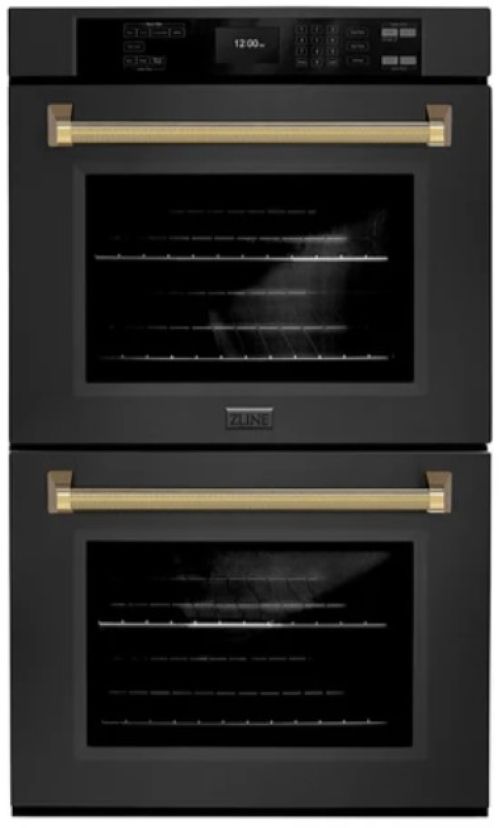 ZLINE Autograph Edition 30" Black Stainless Steel with Polished Gold Helix Handles Professional True Convection Double Wall Oven with Air Fry and Self Clean-0