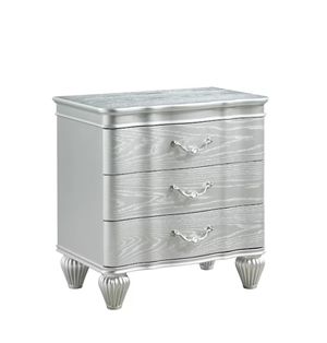 silver nightstand and dresser New Classic Bedroom VALENTINO 4 Piece Set - Queen Bed, Dresser, Lighted Mirror, Nightstand