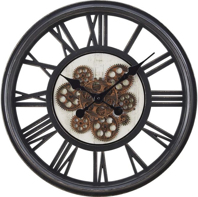 Monarch Specialties Inc. Black 20" Round Wall Clock with Roman Numerals on Brown Gear Mechanism-0
