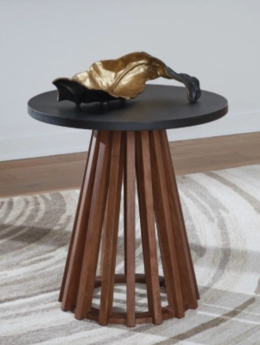 Signature Design by Ashley® Kallari Black Round End Table with Warm Brown Base-4