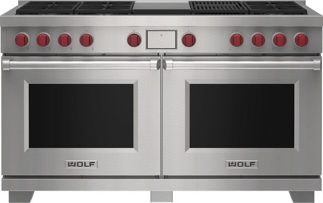Wolf® 60" Stainless Steel Pro Style Dual Fuel Range and Infrared Charbroiler and Infrared Griddle-0