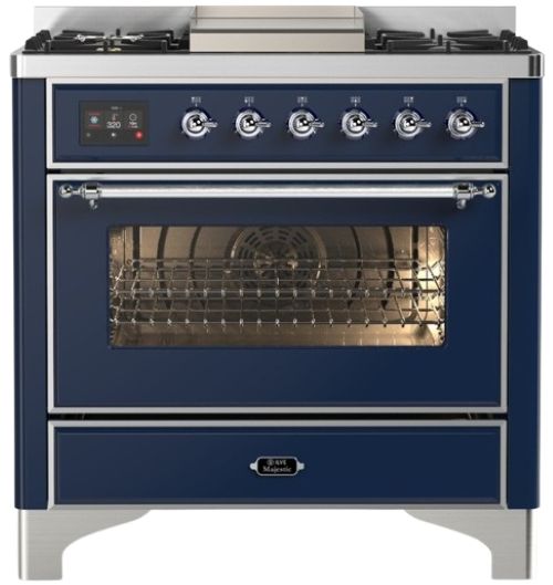 Ilve® Majestic III 36" Midnight Blue Pro Style Dual Fuel Natural Gas Range with 6 Black Brass Burners and Chrome Trim-0