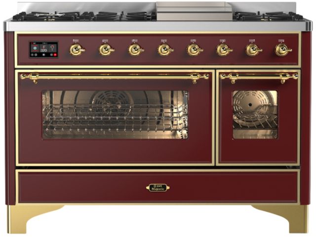 Ilve® Majestic III 48" Burgundy Pro Style Dual Fuel Natural Gas Range with Triple Glass Door and Brass Trim-0