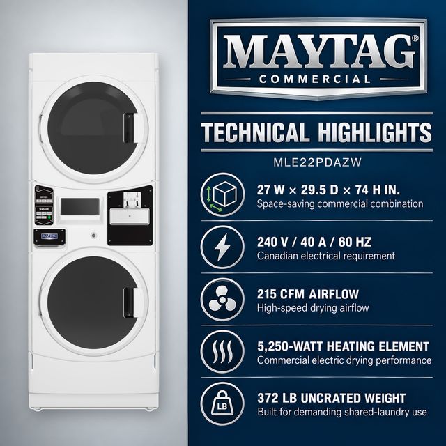 Maytag Commercial MLE22PDAZW 3.1 Cu. Ft. Washer / 6.7 Cu. Ft. Electric Dryer Combination Stack, Coin-Ready, White-4