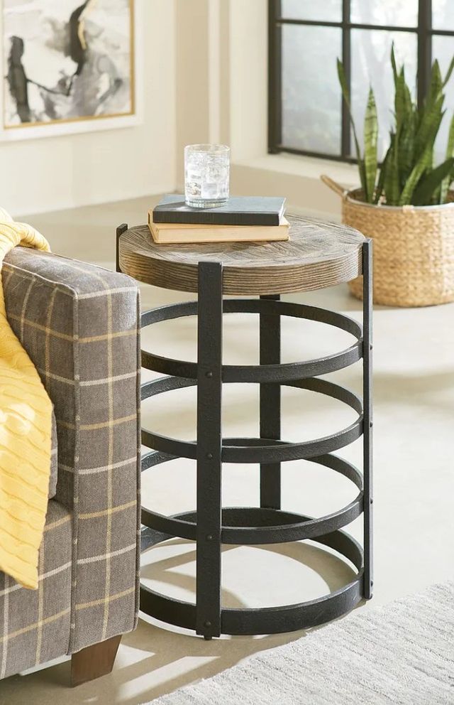 Hammary® Hidden Treasures Brown Wooden Top Barrel Strap End Table with Black Metal Base-1