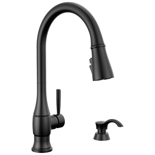 Delta Hazelwood® Matte Black Single Handle Kitchen Faucet with Soap Dispenser and ShieldSpray Technology-0