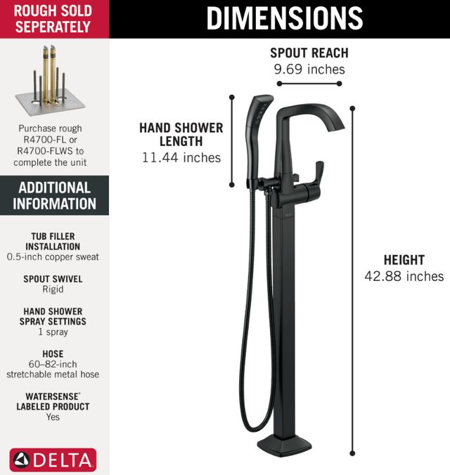 Delta Stryke® Matte Black Floor Mount Tub Filler Trim-2