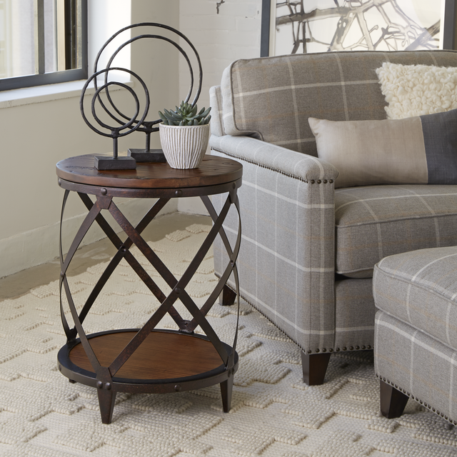 Magnussen Home® Pinebrook Distressed Natural Pine Round Accent Table with Black Metal Frame-2