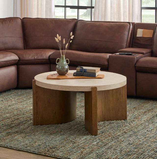 Flexsteel® Eclipse White Round Coffee Table with Brown Base-1